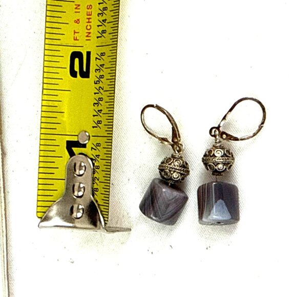 Vintage Sterling Silver Earrings Gray Banded Agate Beads Dangle Hook Artisan - Picture 7 of 7